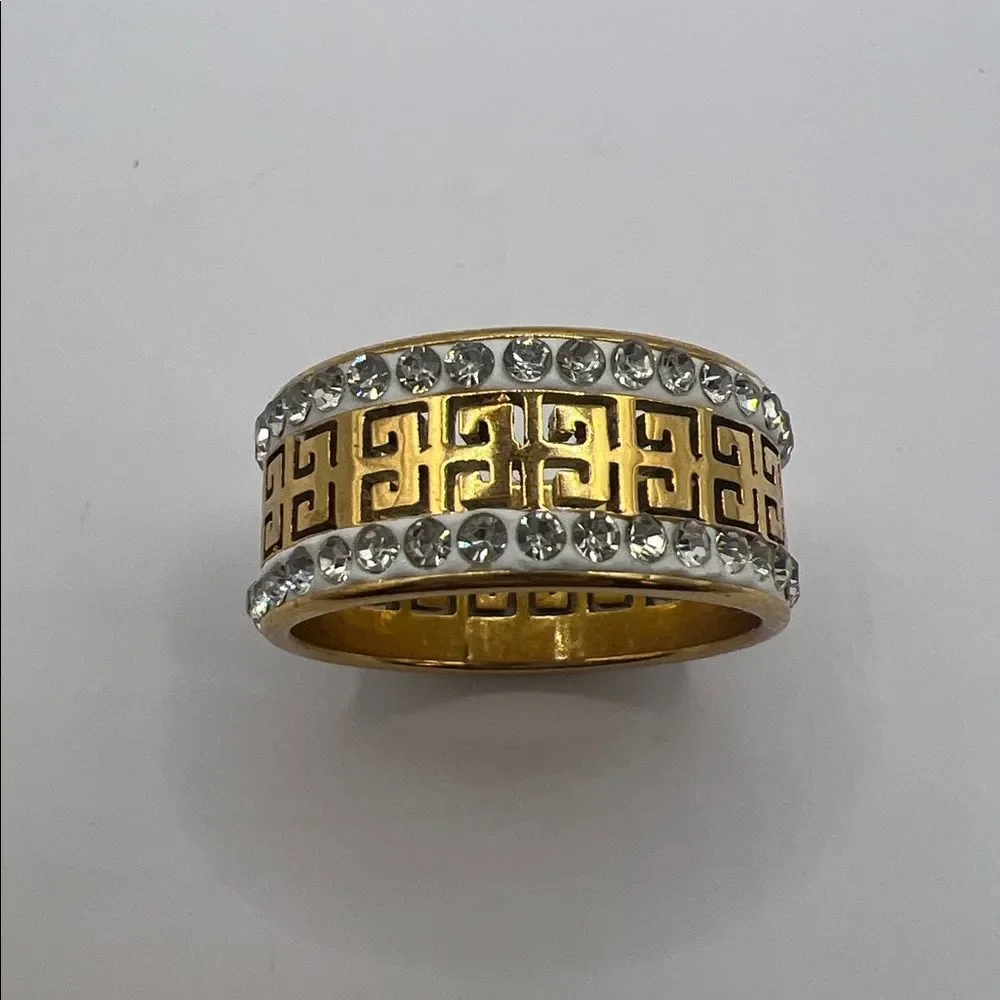 Gold-Tone Greek Key Crystal Band Ring - Size 10
